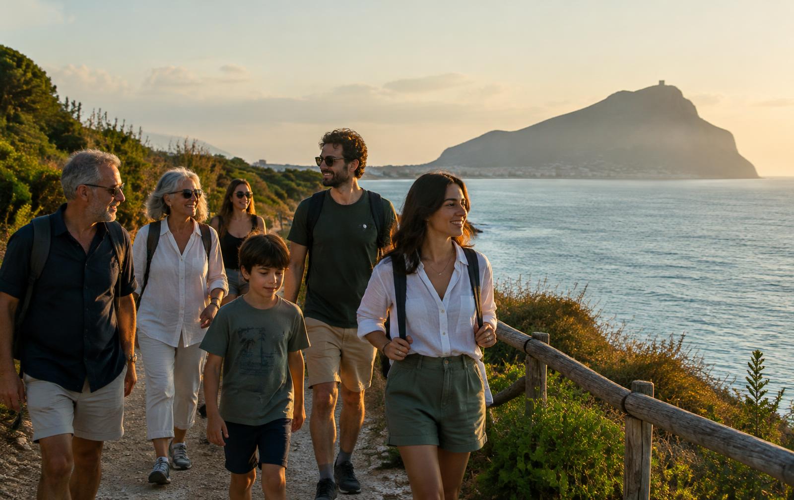 Persone in cammino sul sentiero costiero della Riviera d'Ulisse, con il Circeo sullo sfondo
